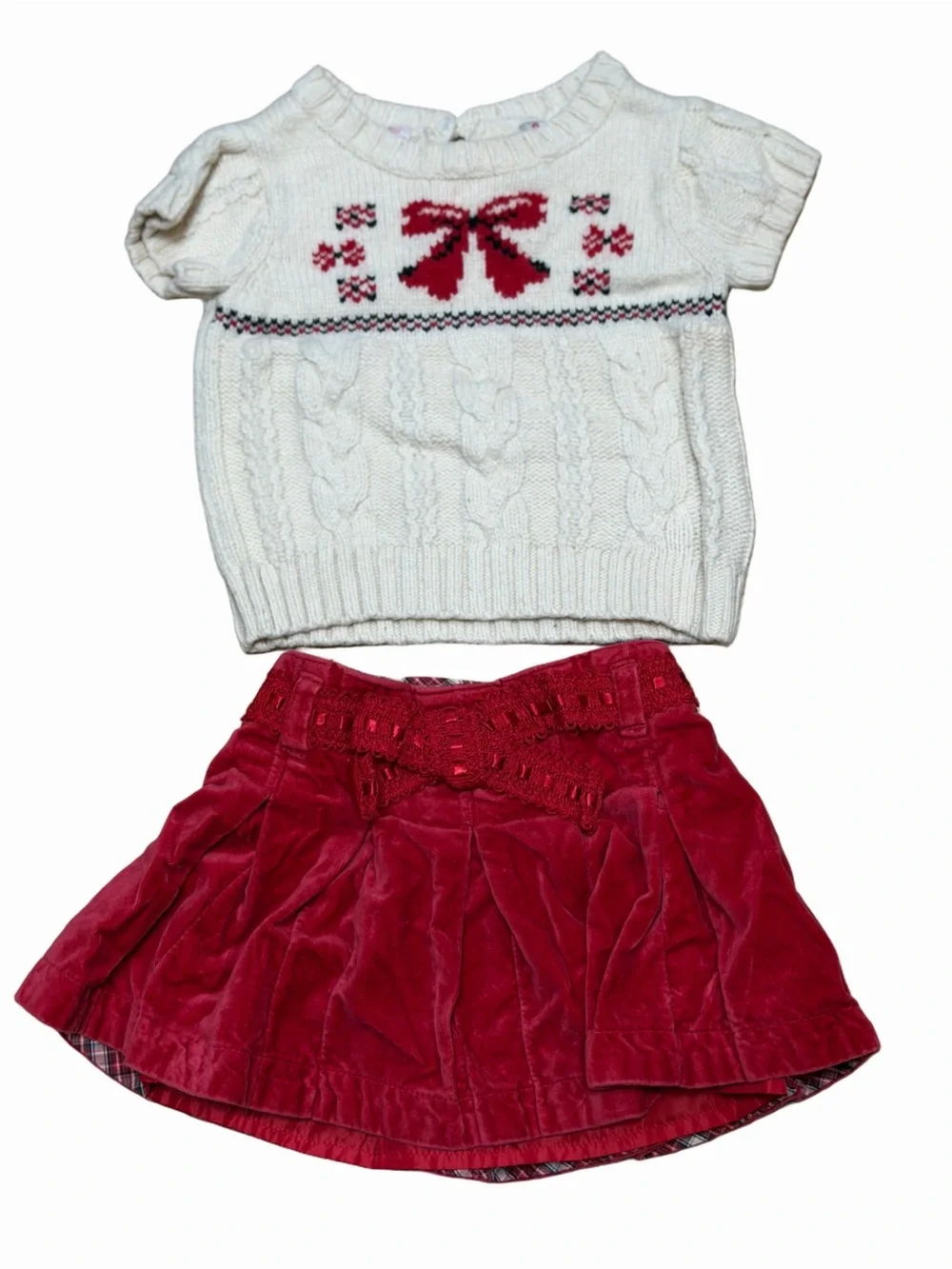OshKosh B’gosh Girls 2T Cream Cable Knit Bow Sweater Red Velvet Skirt Set